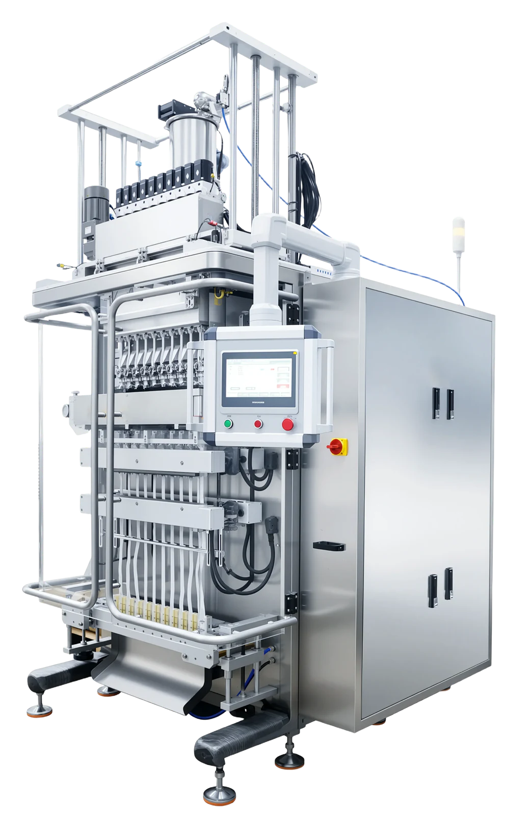 Full multi-lane powder machine, including upper feed arrangement, packing section and lower outlets